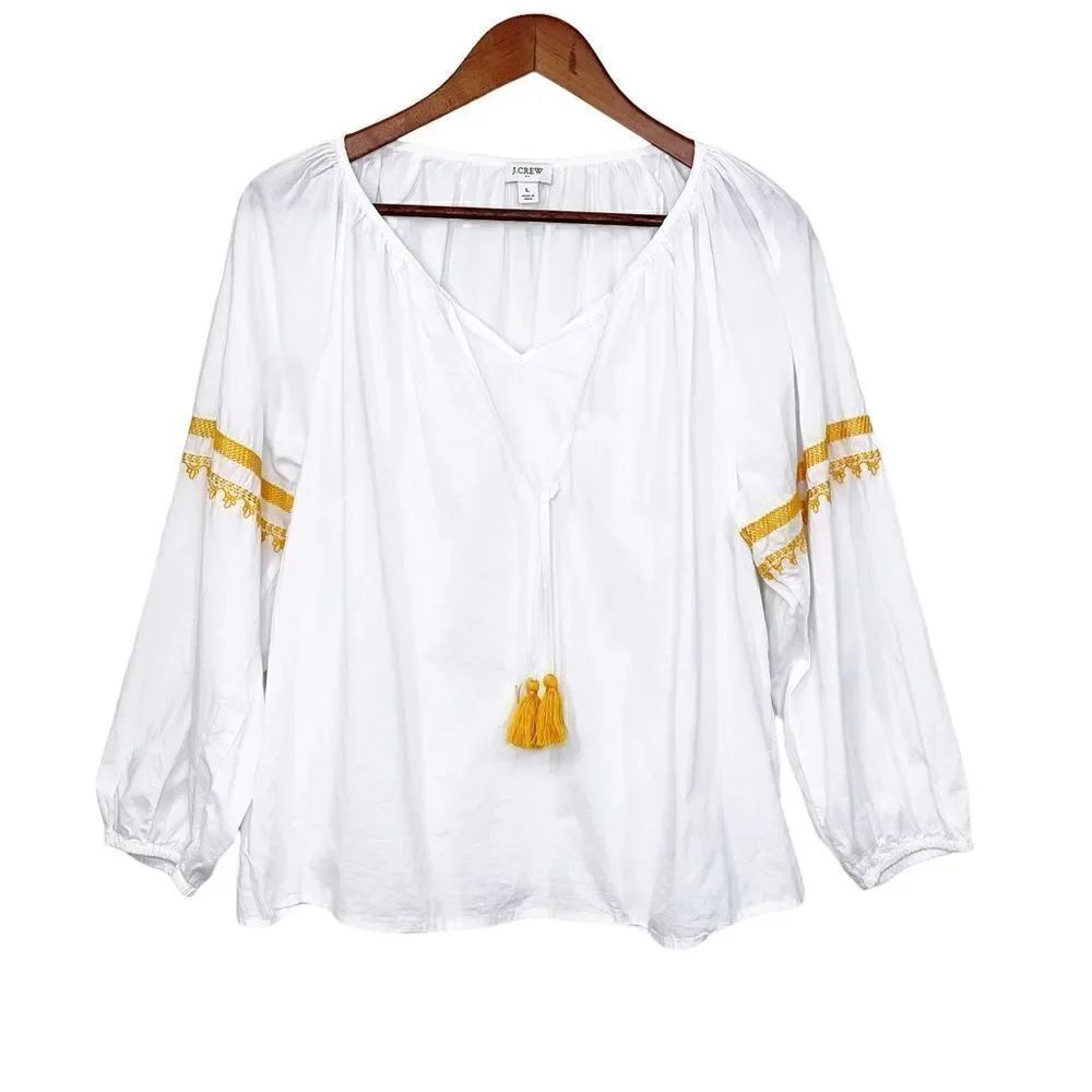 J. Crew Raglan Cotton Popover Top With Embroidered Hem AZ104 Large